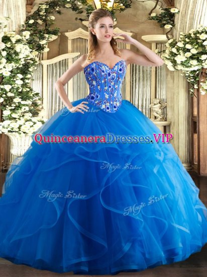 Scoop Sleeveless Tulle Quince Ball Gowns Embroidery and Ruffles Lace Up - Click Image to Close
