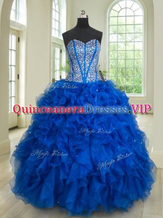 Beading and Ruffles Quince Ball Gowns Royal Blue Lace Up Sleeveless Floor Length