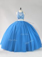 Luxurious Blue Two Pieces Beading Quinceanera Dresses Backless Tulle Sleeveless Floor Length