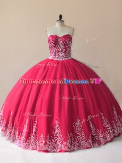 Perfect Tulle Sweetheart Sleeveless Lace Up Embroidery Sweet 16 Dress in Red - Click Image to Close
