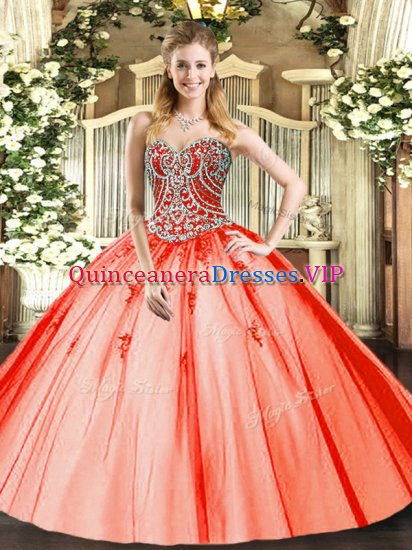 Comfortable Sweetheart Sleeveless Lace Up Sweet 16 Dresses Orange Red Tulle - Click Image to Close