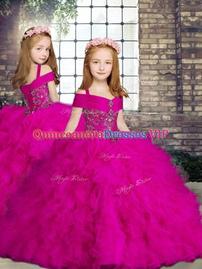 Tulle Straps Sleeveless Lace Up Beading and Ruffles Little Girl Pageant Gowns in Fuchsia - Click Image to Close
