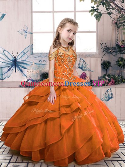 Beading Little Girls Pageant Dress Orange Red Lace Up Sleeveless Floor Length - Click Image to Close