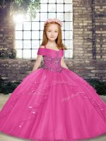 Tulle Straps Sleeveless Lace Up Beading Kids Pageant Dress in Hot Pink