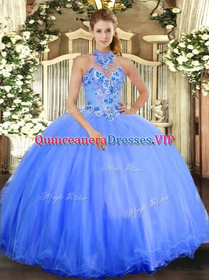 Vintage Blue Halter Top Neckline Embroidery Sweet 16 Dresses Sleeveless Lace Up - Click Image to Close