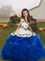 Blue Ball Gowns Straps Sleeveless Organza Floor Length Lace Up Embroidery and Ruffles Pageant Dress for Teens