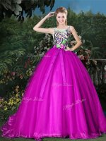 Suitable Scoop Zipper 15th Birthday Dress Fuchsia for Military Ball and Sweet 16 and Quinceanera with Appliques and Belt Brush Train