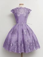Modern Knee Length Lavender Court Dresses for Sweet 16 Lace Cap Sleeves Lace