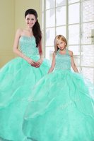 Fitting Turquoise Ball Gowns Sweetheart Sleeveless Organza Floor Length Lace Up Beading and Sequins Quinceanera Dresses