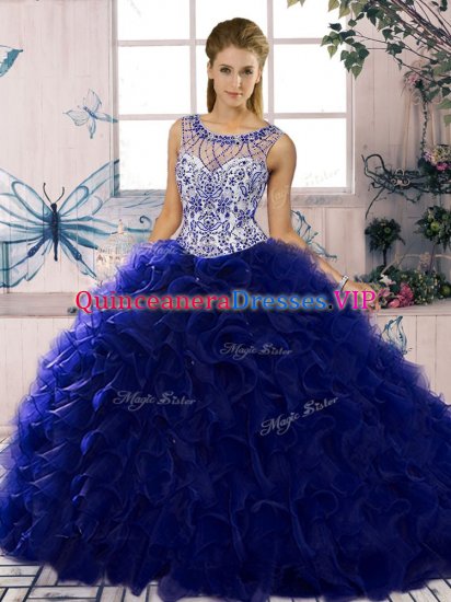 Purple Ball Gowns Organza Scoop Sleeveless Beading and Ruffles Floor Length Lace Up Sweet 16 Quinceanera Dress - Click Image to Close