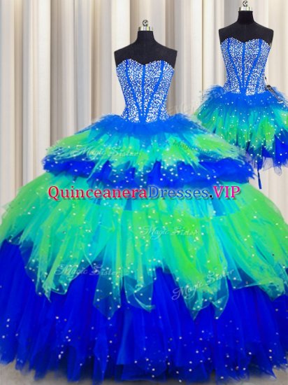 Dazzling Three Piece Visible Boning Multi-color Sleeveless Tulle Lace Up Military Ball Gowns for Military Ball and Sweet 16 and Quinceanera - Click Image to Close