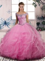Beading and Ruffles 15th Birthday Dress Rose Pink Lace Up Sleeveless Floor Length