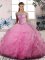 Beading and Ruffles 15th Birthday Dress Rose Pink Lace Up Sleeveless Floor Length