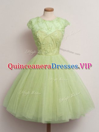 Colorful Tulle Cap Sleeves Knee Length Quinceanera Dama Dress and Lace