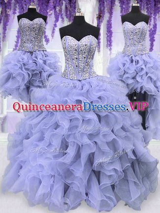 Four Piece Sleeveless Floor Length Ruffles and Sequins Lace Up Quince Ball Gowns with Lavender