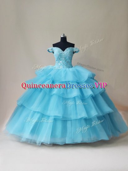 High Quality Aqua Blue Ball Gowns Off The Shoulder Sleeveless Organza and Tulle Floor Length Lace Up Beading and Ruffled Layers Vestidos de Quinceanera - Click Image to Close