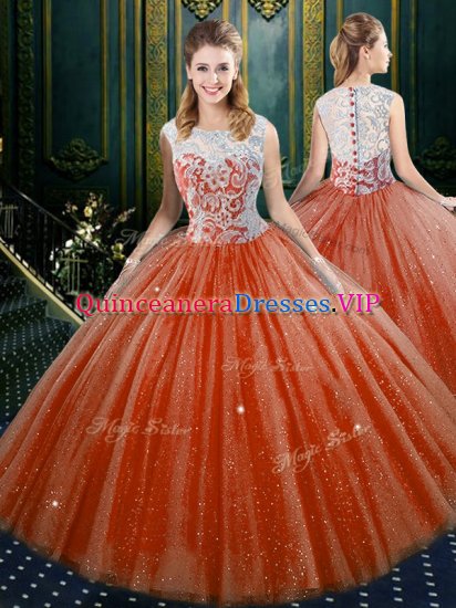 Sleeveless Tulle Floor Length Zipper Quinceanera Dresses in Orange Red with Lace - Click Image to Close
