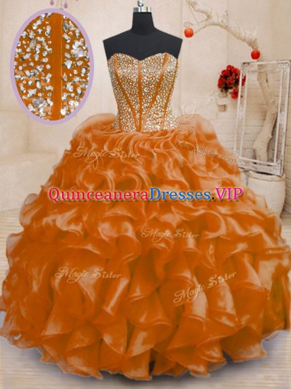 Orange Ball Gowns Sweetheart Sleeveless Organza Floor Length Lace Up Beading and Ruffles Sweet 16 Dress - Click Image to Close