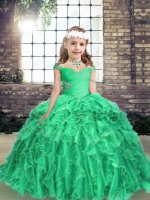 Customized Turquoise Ball Gowns Beading and Ruffles Child Pageant Dress Lace Up Organza Long Sleeves Floor Length(SKU PAG1277-7BIZ)