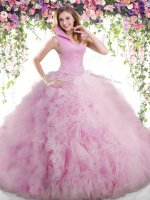 Dynamic Lilac Ball Gowns High-neck Sleeveless Tulle Floor Length Backless Beading and Ruffles 15th Birthday Dress(SKU SJQDDT832002-2BIZ)