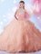 Peach Tulle Zipper Quince Ball Gowns Sleeveless Floor Length Beading and Ruffles and Sequins