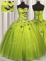 Best Selling Olive Green Ball Gowns Beading and Appliques Quinceanera Dress Lace Up Tulle Sleeveless Floor Length