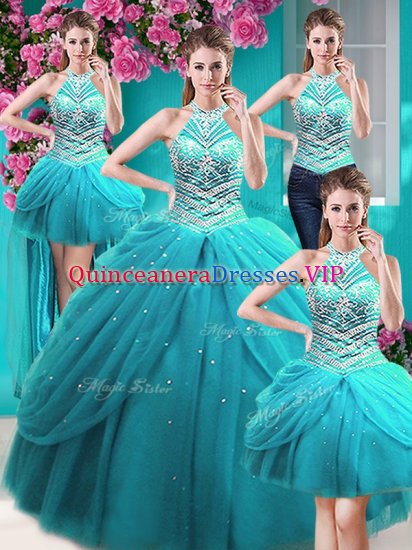 Sweet Four Piece Tulle Halter Top Sleeveless Lace Up Beading and Pick Ups Sweet 16 Quinceanera Dress in Aqua Blue - Click Image to Close