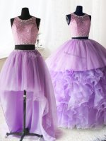 Fine Three Piece Scoop Lilac Organza and Tulle Zipper Quinceanera Dresses Sleeveless With Brush Train Beading and Lace and Ruffles