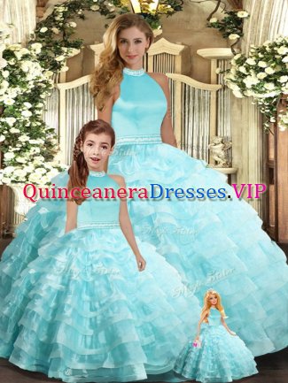Nice Aqua Blue Ball Gowns Organza Halter Top Sleeveless Beading and Ruffled Layers Floor Length Backless Quinceanera Dresses