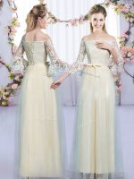 Luxury Champagne Vestidos de Damas Wedding Party with Lace and Bowknot Off The Shoulder 3 4 Length Sleeve Lace Up