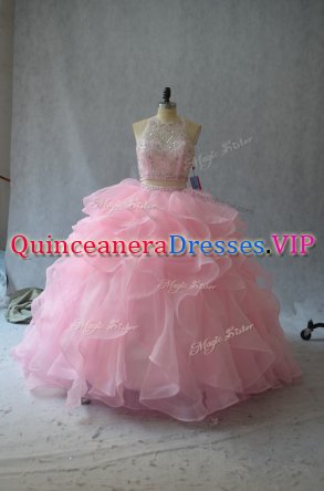 Pink 15th Birthday Dress Sweet 16 and Quinceanera with Beading and Ruffles Halter Top Sleeveless Backless
