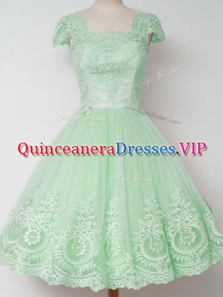 Dramatic Cap Sleeves Knee Length Lace Zipper Quinceanera Dama Dress with Apple Green