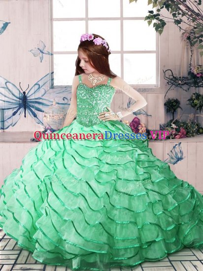 Lace Up Kids Pageant Dress Apple Green for Party and Wedding Party with Beading and Ruffled Layers Court Train - Click Image to Close