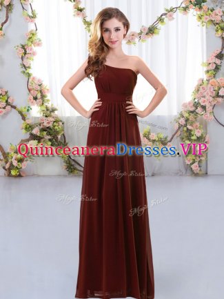 On Sale Brown Chiffon Zipper One Shoulder Sleeveless Floor Length Dama Dress Ruching