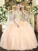 Champagne Ball Gowns Organza Sweetheart Sleeveless Beading Floor Length Lace Up 15th Birthday Dress