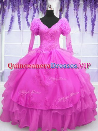 Pretty Organza V-neck Long Sleeves Lace Up Beading and Embroidery and Hand Made Flower Sweet 16 Quinceanera Dress in Hot Pink