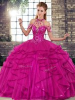 Beauteous Beading and Ruffles 15th Birthday Dress Fuchsia Lace Up Sleeveless Floor Length
