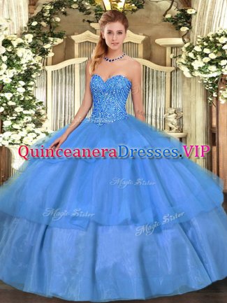 Perfect Baby Blue Lace Up Sweetheart Beading and Ruffled Layers Quinceanera Gowns Tulle Sleeveless