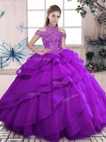 Dramatic Purple Ball Gowns High-neck Sleeveless Organza Floor Length Lace Up Beading and Ruffles Quinceanera Gown