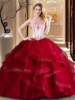 Strapless Sleeveless Ball Gown Prom Dress Floor Length Embroidery Wine Red Tulle