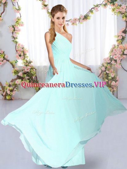 Glorious Blue Empire Chiffon One Shoulder Sleeveless Ruching Floor Length Lace Up Quinceanera Court Dresses - Click Image to Close