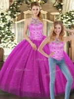 Nice Fuchsia Two Pieces Halter Top Sleeveless Tulle Floor Length Lace Up Beading Ball Gown Prom Dress