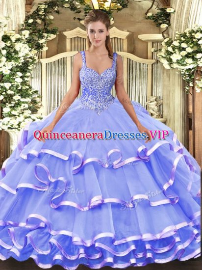 Straps Sleeveless Quinceanera Dress Floor Length Beading and Ruffled Layers Lavender Organza - Click Image to Close