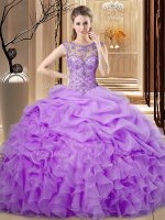 Enchanting Scoop Sleeveless 15th Birthday Dress Floor Length Beading and Ruffles and Pick Ups Lavender Organza(SKU SJQDDT2065002-2BIZ)