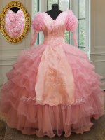 Fantastic Baby Pink Zipper V-neck Beading and Embroidery and Ruffled Layers Quinceanera Dresses Organza Half Sleeves