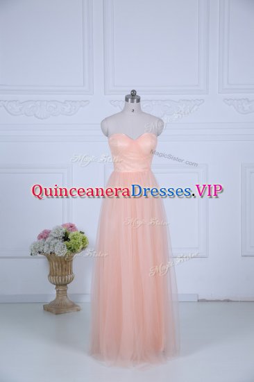 Noble Sweetheart Sleeveless Dama Dress for Quinceanera Floor Length Ruching Peach Tulle - Click Image to Close