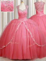 Exquisite Watermelon Red Zipper Straps Beading and Appliques 15th Birthday Dress Tulle Cap Sleeves Sweep Train(SKU PSSW0598BIZ)