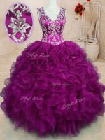 Excellent Fuchsia Quinceanera Gown Military Ball and Sweet 16 and Quinceanera with Beading and Embroidery and Ruffles V-neck Sleeveless Backless