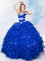 Royal Blue Ball Gowns Strapless Sleeveless Organza Floor Length Lace Up Beading and Ruffles Quinceanera Dresses