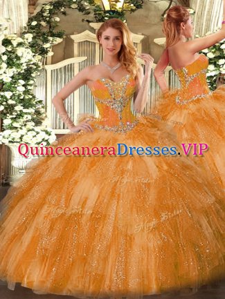 Colorful Orange Lace Up Sweet 16 Quinceanera Dress Beading and Ruffles Sleeveless